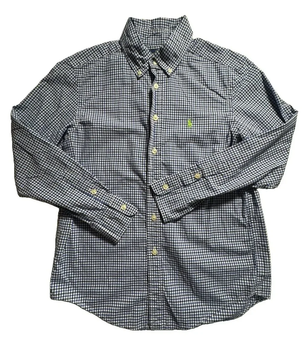 Ralph Lauren Boys M 10-12 Blue White Gingham Button Down Shirt Pony Logo